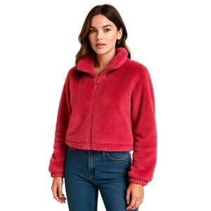 Almost Famous Pink Faux Fur Cropped Jacket‎ Women's Medium Zip Up Cozy Plush
